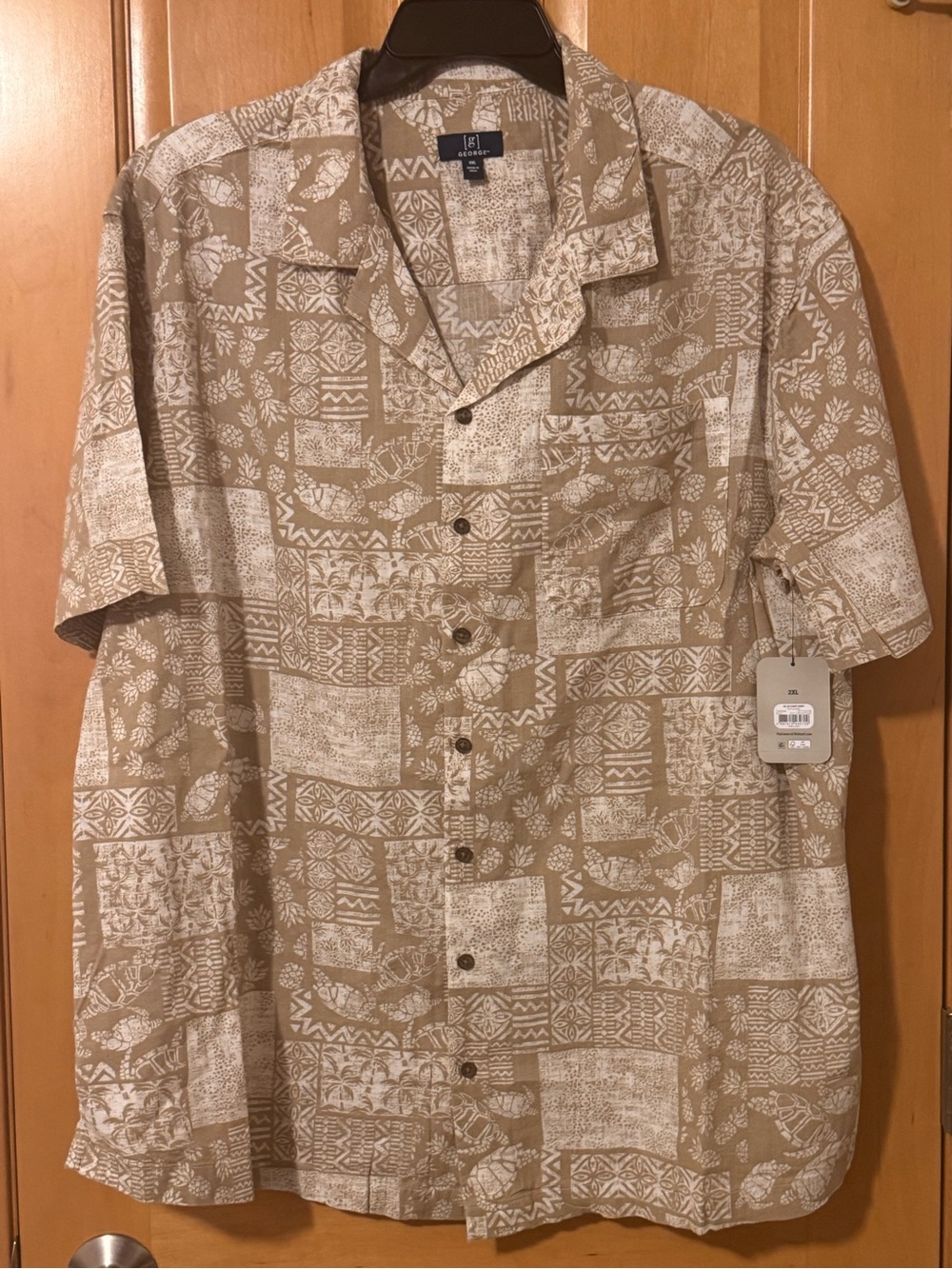 George Beige and White Short-Sleeve Button-Down Camp Shirt